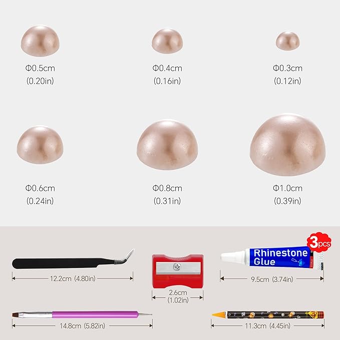 60g Light Coffee Flatback Half Round Pearls Mixed Size 3-10mm Resin Craft Beads for Nail Art, Face Gems, DIY Jewelry Making