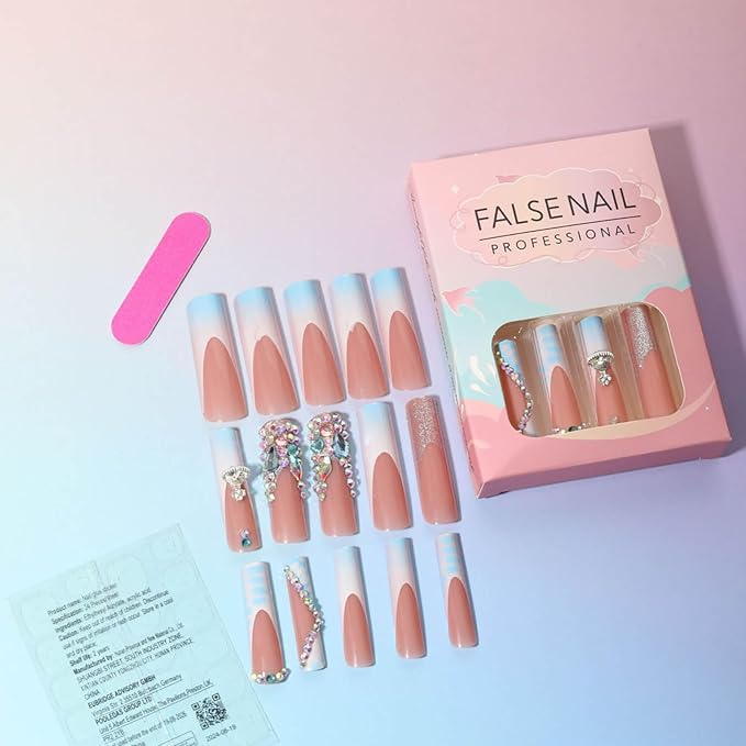 Long Square Press on Nails Blue Ombre False Nails French Tip Fake Nails with Design Nails Rhinestones Acrylic Long Nail Press ons Glitter Glue on Nail for Women 24Pcs