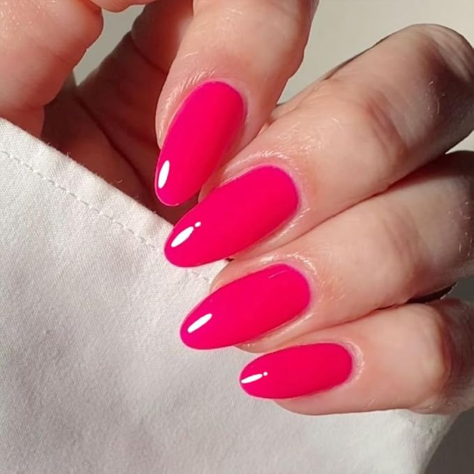 GLAMERMAID Hot Pink Press on Nails Medium Almond, Rose Red Handmade Jelly Soft Gel Pure Glue on Nails Stiletto, Summer Spring Fake Nails Short Oval, Reusable Acrylic Stick on False Nails Kit for Women
