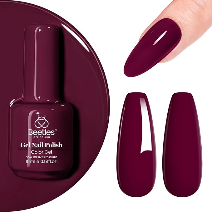 Beetles Dark Red Gel Nail Polish 15 ml Burgundy Red Gel Polish Cherry Wine Purple Color Soak Off LED UV Lamp DIY Art Design Salon Mellow Plum Nail Polish for Women