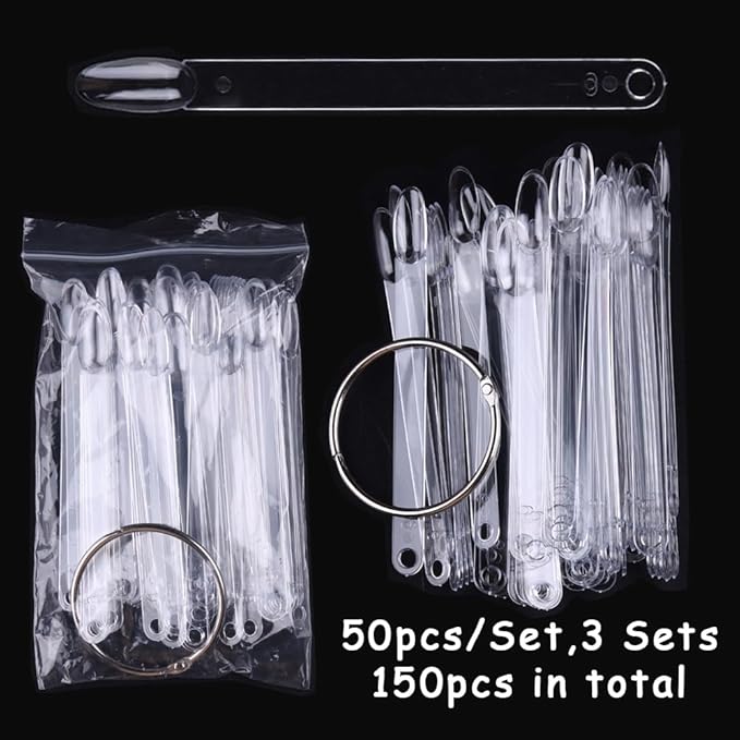 150 Pcs Nail Swatch Sticks with Ring, Clear Oval Nail Art Polish Color Display Practice Tips, Acrylic False Nail Sample Sticks Nail tech Supplies for Home or Salon Use