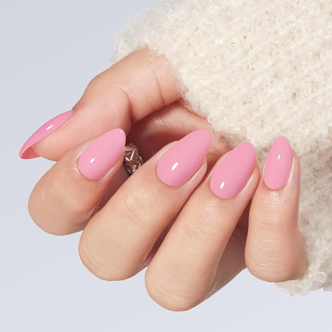 Modelones Pink Press on Nails Almond, Spring Short Almond Fake Nails, Reusable Nail Kit with Nail Glue Adhesive Tabs Mini Nail File, Nails Press Ons 32Pcs 16 Sizes