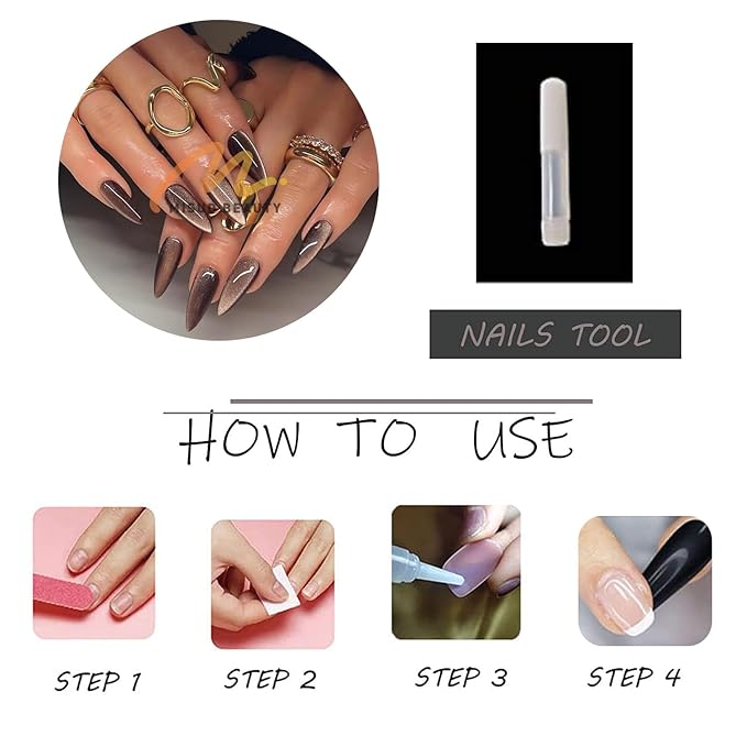MISUD Press on Nails - Long Stiletto Fake Nails, Acrylic Fall Brown Cat Eye Design 24 pcs