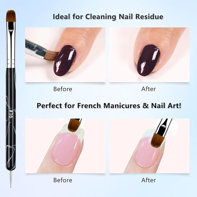 French Manicure Brush Set with Dotting Tools, Double-Ended Nail Art Brushes for Gel & Acrylic, Precision Clean Up & Detail Design, 4 Sizes (#10#12#14#16), NB128-Black