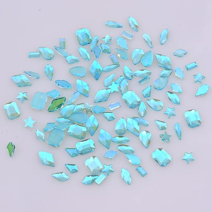 100pcs Aurora Aquamarine Si Transparent Crystal ab Flat Back Glass Colored Nail Gems and Rhinestones Bulk Shapes Mix for Nail Design