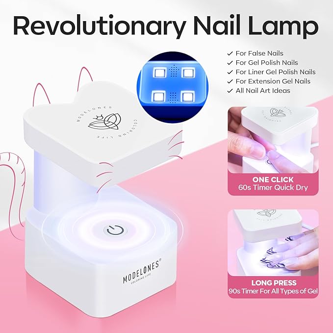 modelones Short Square Gel Nail Tips, 9-in-One Nail Glue with Portable U V Lamp 216Pcs 12Sizes Pre-Etched Press ons Fake Acrylic Extension Kit DIY Salon Gift for Women