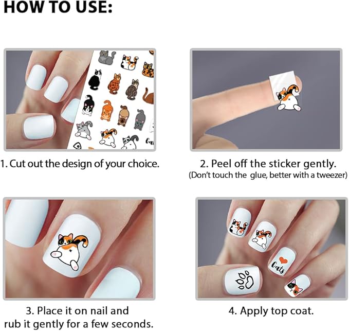 WIRESTER 8 Sheets of Nail Art Stickers Decals - Self-Adhesive Nail Decals for Women Kids Girls - Cats (Cat Face, Cat Paws, Fish Bone, Meow, Heart, Bow Tie)