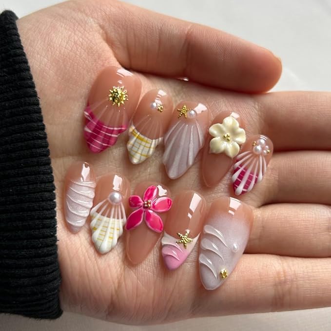 Press On Nails - Luxury Almond 3D False Nails Women Reusable ABS Material Finger Printed Nail Tip French Salon Design Artificial Fingernail (Size S)