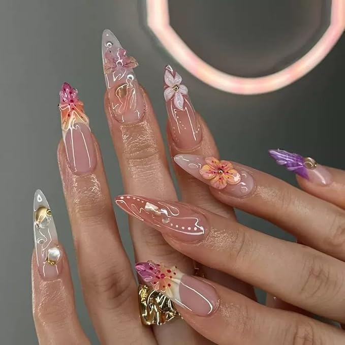 Press on Nails Medium Almond - Flower Fake Nails with 3D Shell Pattern Design - Colorful Full Cover Stick on False Nails - for Women Manicure 24 Pcs
