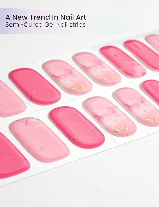 Semi Cured Gel Nail Strips | Built-In Gel Top Coat | UV Light Required | Salon Quality, Easy Application And Removal (Bloom in Blush Gold）