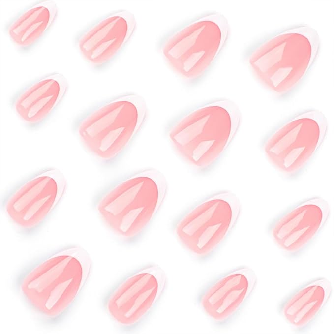 Press on Nails Short Almond Fake Nails White French Tip Glue on Nails Glossy Acrylic Nails Press ons Pink Full Cover Artificial Stick on Nails for Women 24 Pcs