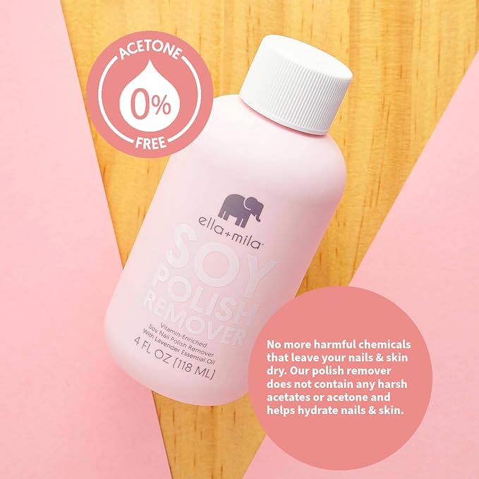 ella+mila Soy Nail Polish Remover - Non-Acetone, Non-Toxic Fingernail Polish Remover for Natural Nails - Gentle, Vegan Formula with Lavender Oil & Vitamins A, C & E (4 fl oz)