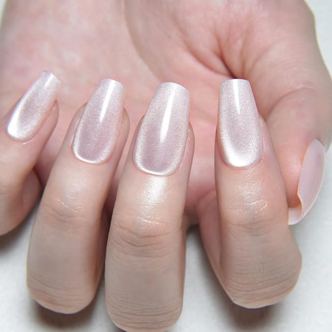 evpct Pearl White Nude Cat Eye Coffin Press on Nails Square Medium, Stick on Nail Medium Square for Women Gift, Pearl Metallic Glitter Glossy Reusable Soft Gel Press on Acrylic Fake Nail with Designs