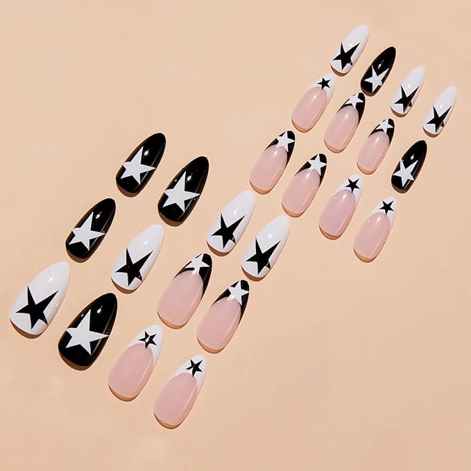 Press on Nails Medium Almond French Tip Fake Nails Full Cover False Nails with Black and White Stars Designs Y2K Press on Nails Glossy Glue on Nails Artificial Acrylic Nails for Women Girls 24 pcs