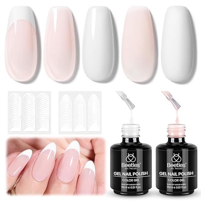 Beetles French Tip Gel Polish Set - White Nude Pink Gel Nail Polish Set Soak Off UV LED with 2 Styles Bubble French Manicure Nail Art Sticker Sheets for DIY Home & Salon Easter Gift for Women
