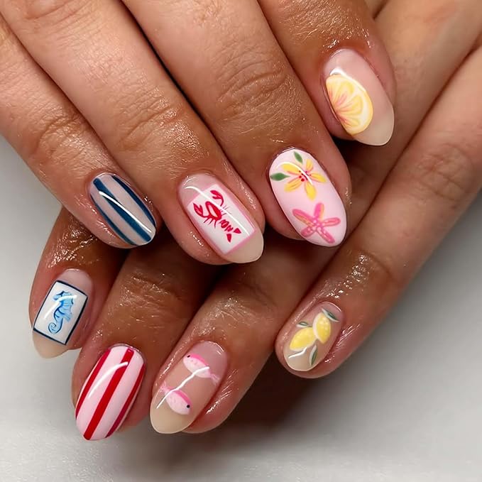 Cute Summer Press on Nails Short Oval Fake Nails Beach Nails Press ons with Lemon Flower Stripe Seahorse Fish Design,Reusable & Easy Apply Stick on Nails for Women Manicure 24Pcs