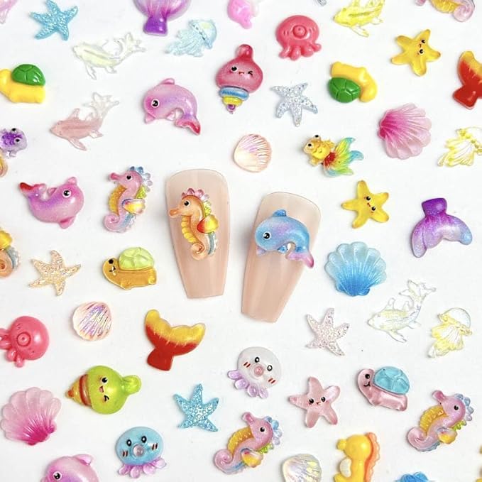 120PCS Summer Beach Nail Art Resin Accessories, Ocean Theme Shell Starfish Goldfish Nail Studs Sea Series Whelk Nail Charms Supplies for Nail Art Designs DIY Manicure Decoration 2
