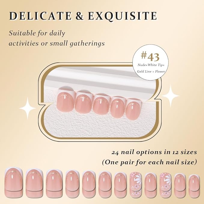 French White Gold Press On Nails, Short Square Acrylic Fake Nails with 3D Gold Line French Tip Floral Design, Natural Reusable Glue-On Nails Kit for Women DIY Nail Art Decoration Gift