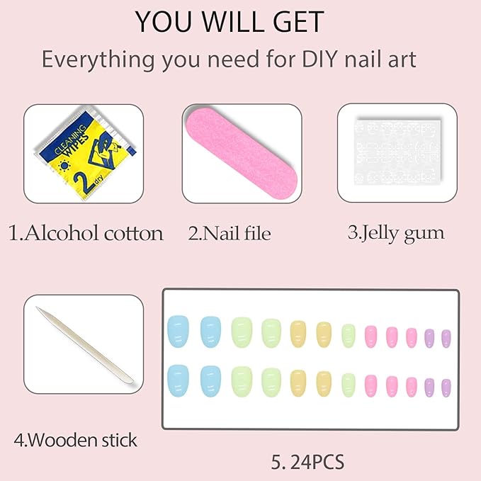 Easter Press on Nails Short - 24Pcs Cute Multi-Color Glossy Acrylic Nails, Spring Theme Fake Nails, Easy Apply Artificial Stick on Nails for Women