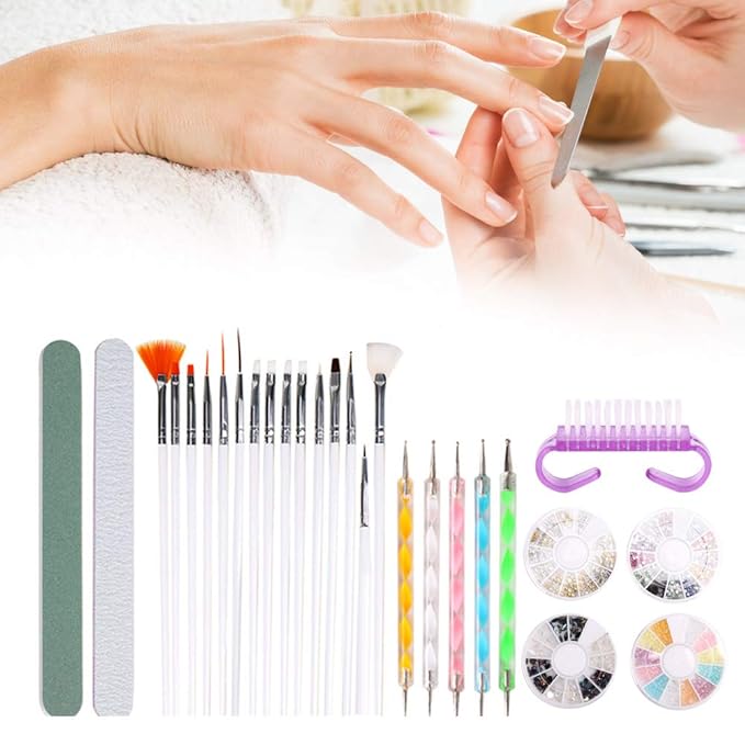 Nail Art Brushes Set, Nail Art Kit, Nail Design Kit with Nail Dotting Tools, Nail File Nail Buffer, Nail Charms and Gems, Rhinestones for Nails, Nail Dust Brush, Nail Design Tools for Home DIY Salon