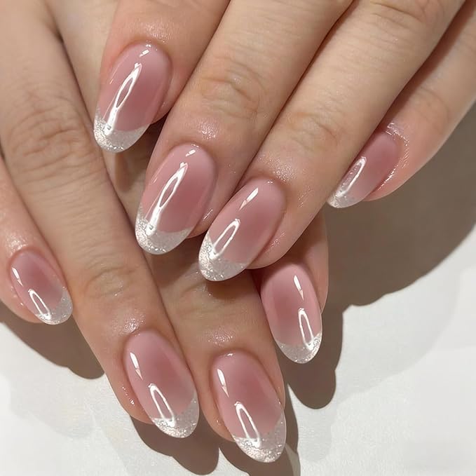 Blush Pink Semi Cured Gel Nail Strips French Tip 20Pcs Glitter UV Gel Nail Stickers Glossy Nails Polish Strips UV/LED Light Needed Self Adhesive Full Polish Nails Wraps for Women