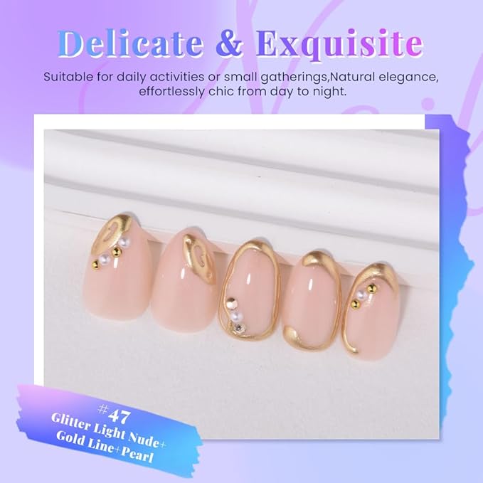 evpct 3D Gold Line French Tip Press on Nails Short Almond, Glitter Light Nude Stick on Nail with 3D Pearl Diamond Designs, Handmade Press on Nails for Women Gift with Kit, Gel Acrylic Fake Nail