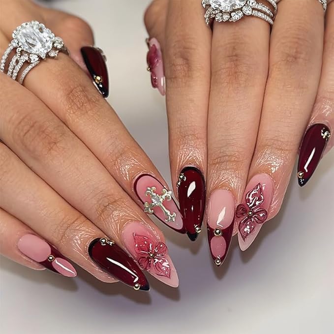 Press On Nails Almond Shape - Gothic Burgundy Pink Rhinestone Cross Design,Easy Application Manicure Set for Work, Party & Daily Use, Perfect for Women and Students