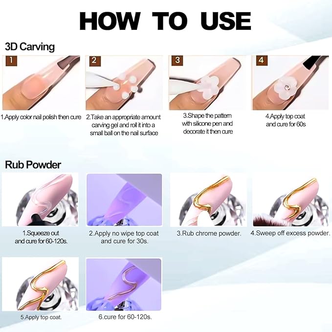 Solid Builder Nail Gel, Clear Sculpting Gel for Nail Art, Non-Sticky 3D Carving Modeling Hard Gels with Gold & Silver Chrome Nail Powder for DIY Salon Manicure at Home