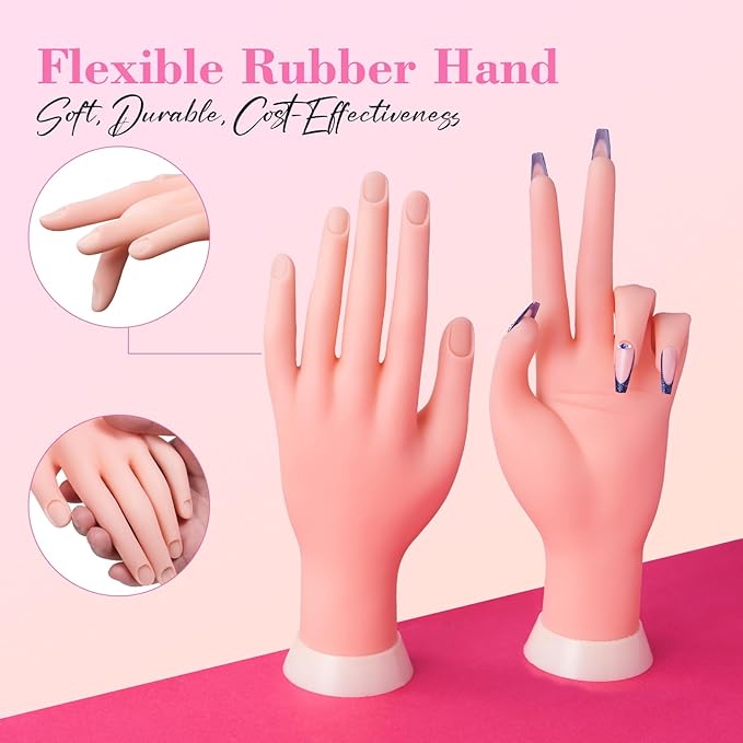 Practice Hand for Acrylic Nails, Flexible Nail Mannequin Hands for Nails Practice, Bendable Training Fake Hand Manicure for Nail Art Beginners