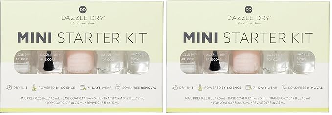 Dazzle Dry Complete Starter Mini Kit | Step 1 - Nail Prep, Step 2 - Base Coat, Step 4 - Top Coat, Transform - Ridge Filler & Revive - Polish & Top Coat Thinner. (Pack of 2)