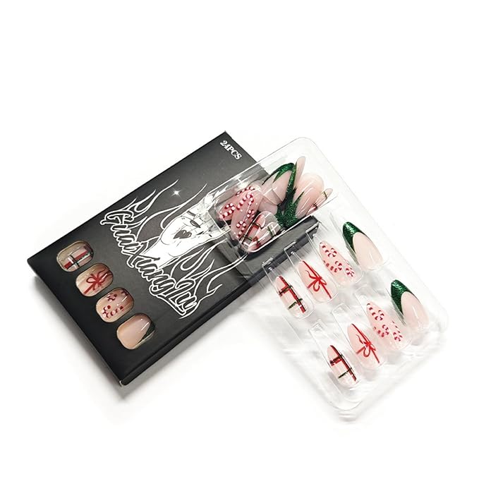 Press On Nails Almond Christmas, French Tip Press on Nails Short, Glue On Nails for Women Gift, Supremely Fit Natural Reusable Stick On Nails in 12 Sizes -24 Fake Nails Kit, French Spark Green