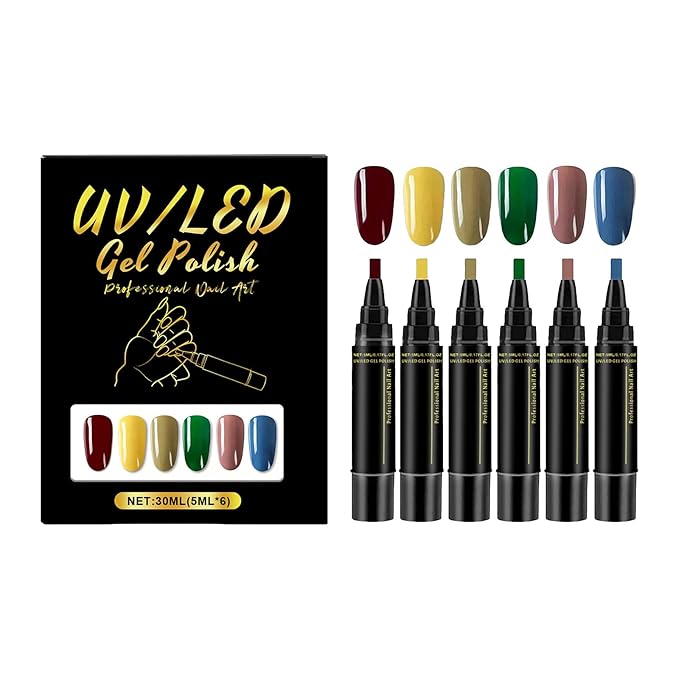 Nail Polish Pens Set 6 Pcs Gel Nail Polish Pens Set Long Lasting Portable Fingernail Toenail Gel Pen (01)