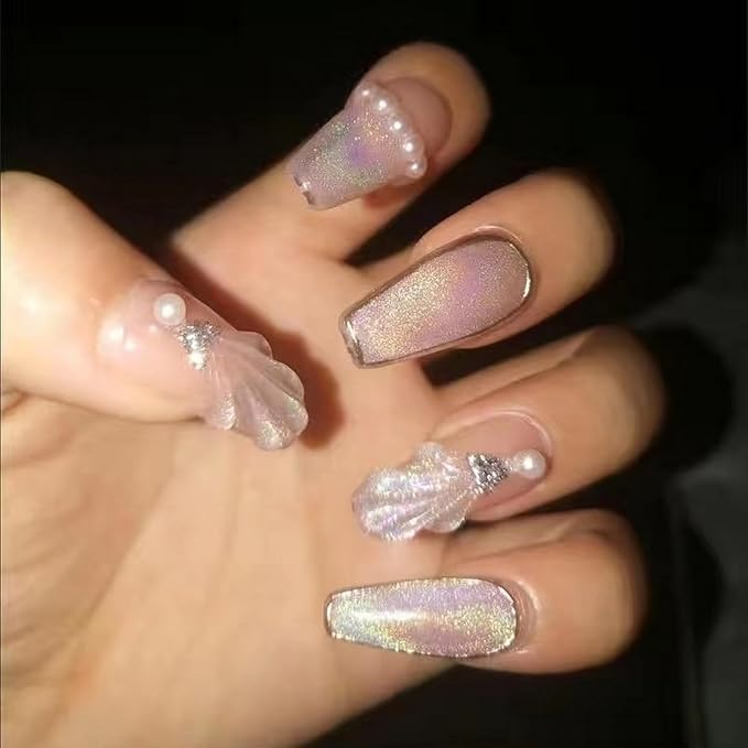 Handmade Press on Nails Glitter Gradient Press on Nails Medium Coffin False Nails Designs White Pearl 3D Water Ripple Fake Nails Glossy Full Cover Artificial Acrylic Nails for Women (Size S)