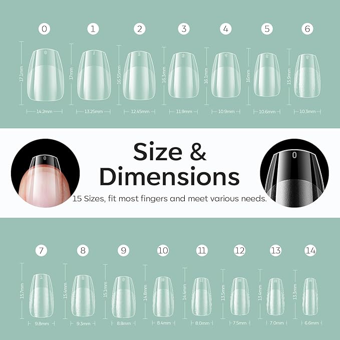 Modelones Extra Short Coffin Fake Nail Tips - 510Pcs Gel Tips Pre-shaped Half Matte Full Cover Clear Acrylic Gel Kit False Press on Nails for Extension DIY Salon 15Sizes
