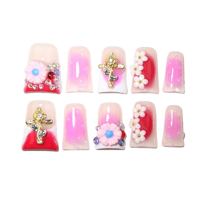 10Pcs Duck-shaped Handmade Press On Nails | French Style with 3D Floral & Rhinestone Decor | Easy to Apply, Remove & Reusable, Salon - Quality (251202, M)