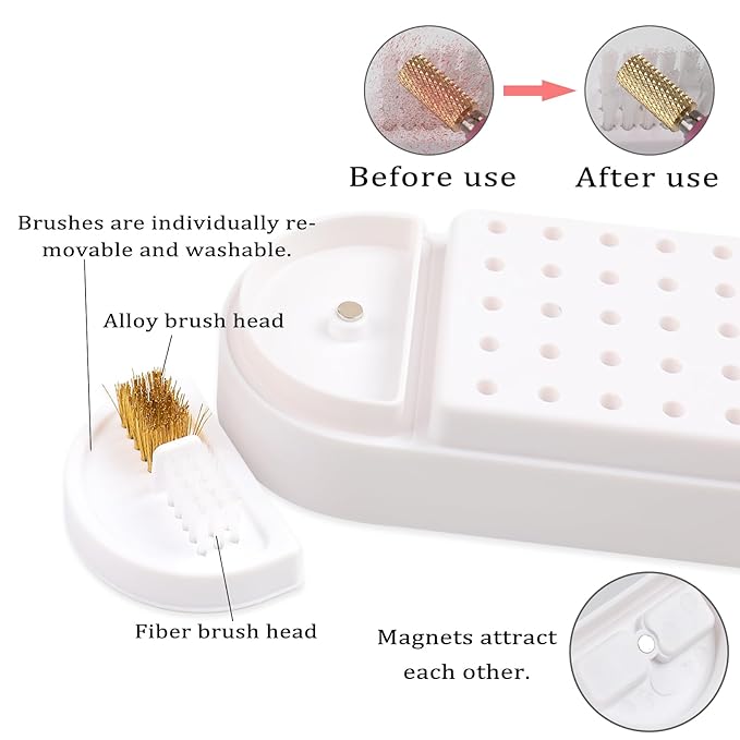 Nail Drill Bits Holder 2 in 1 Nail Drill Bits Cleaning Brush Case, 30 Holes Dustproof Acrylic Nail Drill Holder Storage Box, Nail Drill Bit Holder Stand Displayer Organizer for Home Salon Use (White)