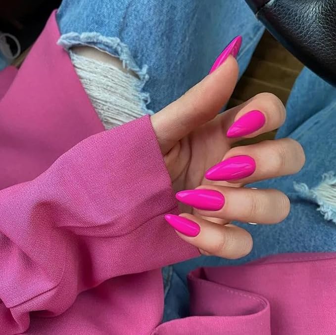 Hot Pink Press on Almond Shaped Medium Nails - Neutral Acrylic Reusable Fake Nails for Women Girls - Glue on Medium Length Stiletto False Soft Gel Artificial Nails