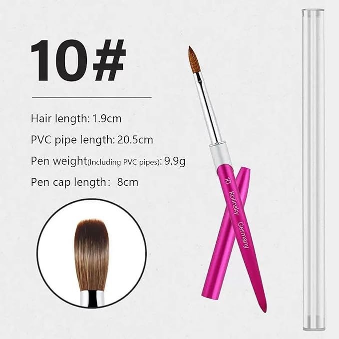 100% Pure Kolinsky Acrylic Nail Brush Size 10, Hair Acrylic Crystal Hot Red Pink with Silver Ferrule Round Shaped for Women Girls Manicure Tools Accessories