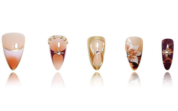 Medium Press on Nails Almond Brown Flowers Stick on Nail for Women 24pcs