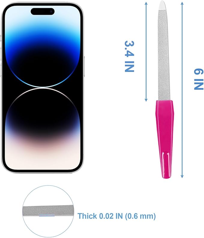 Metal Nail Files with Sharp Pointed Tip Made of Stainless Steel Non Slip Handle, Nail File Double Sided Sapphire Grit for Natural Nails Fingernails limas de uñas metálicas Color Pink (6 Pcs)