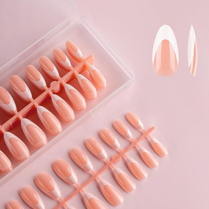 Lamemoria Pre-Design Geled Almond French Tip Press On Nails,Medium White French Nail Tips, Basic Salon Fake Nail Kit Set With Glue/Tabs/File, 240 PCS