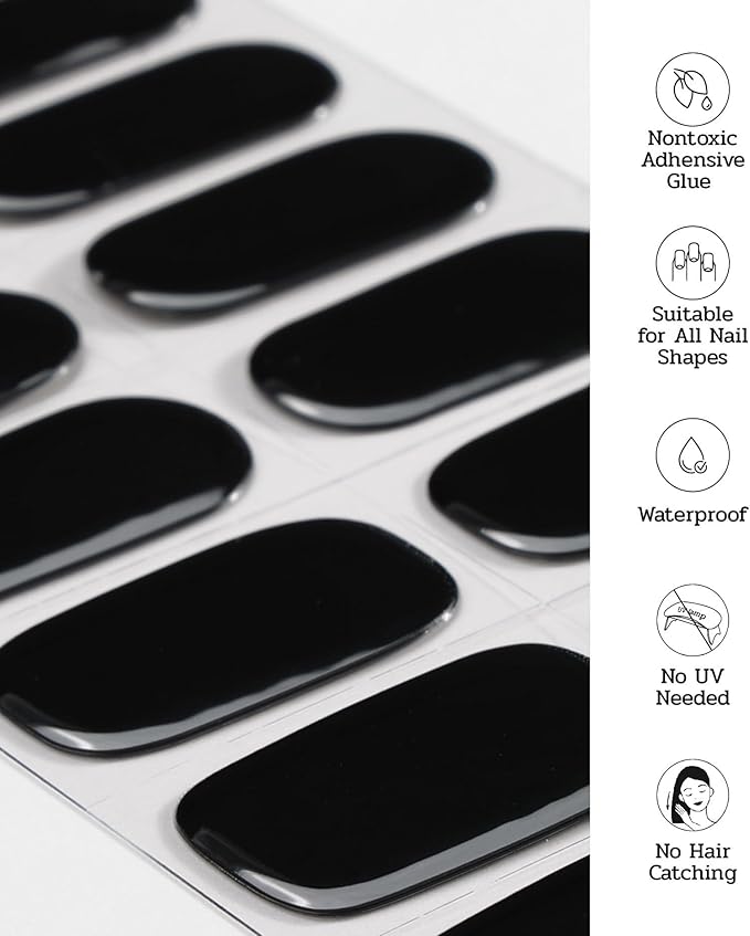 Nail Polish Strips (No UV Lamp Needed) - 22 Pcs Salon Quality Gel Nail Stickers - Long Lasting Wraps (Satin Black)