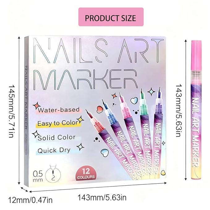 12 Colors Nail Art Pens Set,Upgrade 0.5mm Fine Tip Nail Polish Pens Set,Quick-dry Waterproof Drawing Painting Pens, Portable Nail Art Tools for Home Salon and DIY Nail Art