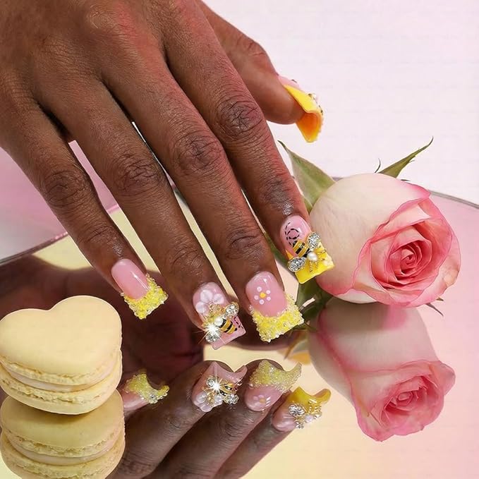 10 Pieces Luxury Acrylic Press On Nails Short Handmade Duck Nails, Butter Yellow Thickened False French Nails, Sugar Crystal Rhinestones, Floral Bee Charms, Reusable Acrylic Nails (L)