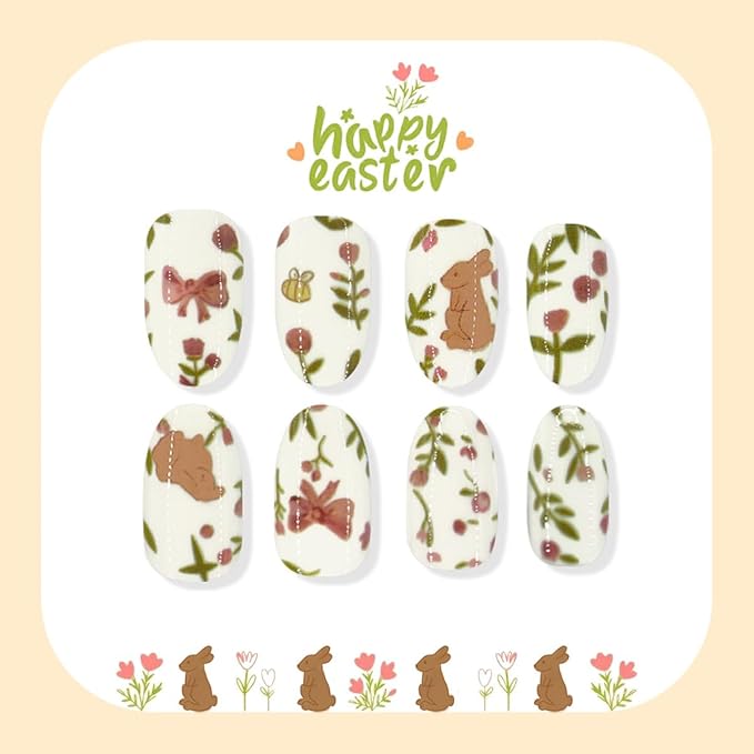 Cute Rabbit Press on Nails Easter Press on Nails - Medium Oval Fake Nails with Flower | Bow Designs False Nails Press ons Spring Full Cover Stick on Nails Easter Nails for Women Manicure 24Pcs