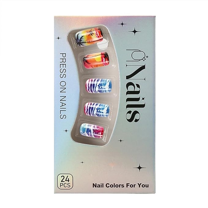 Square Press On Nails Medium Gel False Nails 24Pcs Multicolor Twilight Seaside Acrylic Nails Glossy Stick On Nails for Women Girls