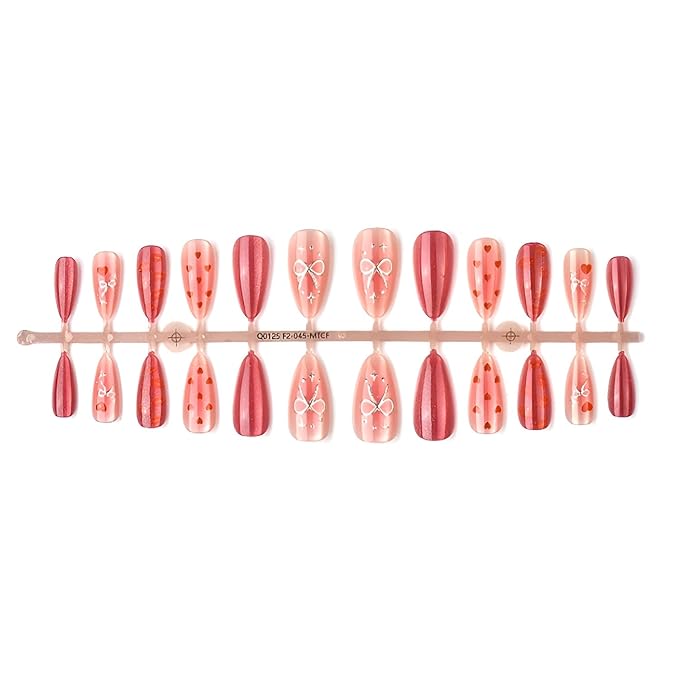 Valentines Press on Nails Medium Almond Fake Nails Red Heart Nails Press Ons Bow Glue on Nail Glossy Full Cover False Nails Gradient Acrylic Stick on Nail for Women Decoration Set 24Pcs