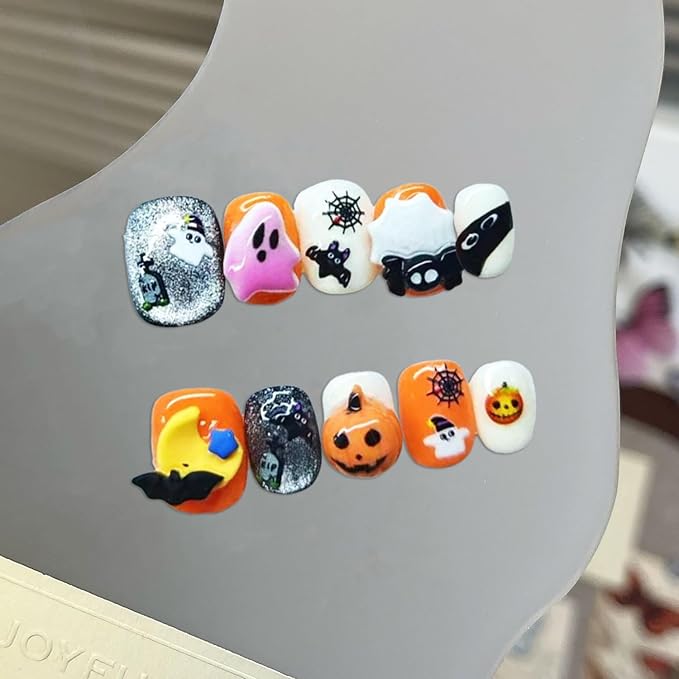 Handmade Press on Nails Short Square Fake Nails with Design Handmade Cute Cartoon Ghost Pumpkin Bat Glue on Nail Glitter False Nails Full Cover Thick Acrylic Halloween Nail for Women（Size M)