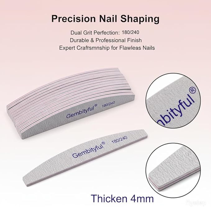 25 Pcs Thick Nail File 180/240 Grit Semicircle Shape, Emery Boards Nail File for Natural Nails and Acrylic Nails, Double Sided Boards Profesional for Home and Salon