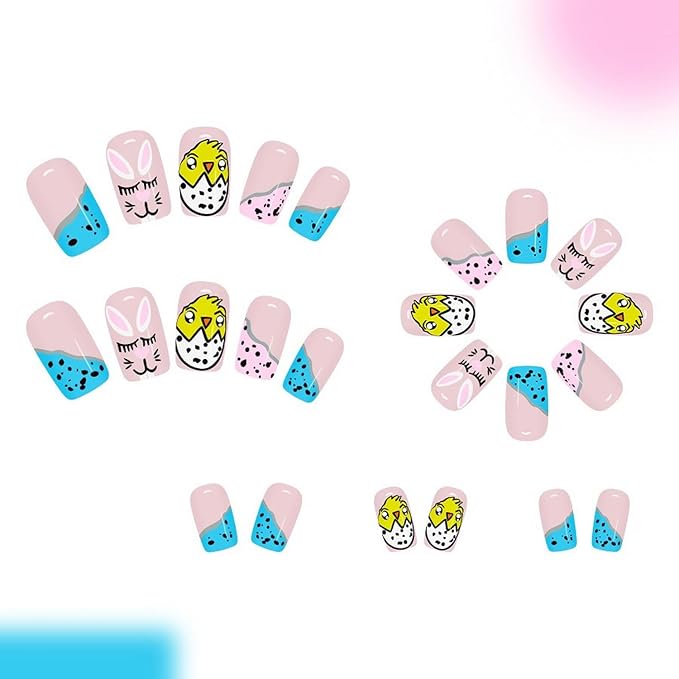 24 Pcs Easter Day Press on Nails Medium Square Fake Nails with Bunny Flower Design Pink French Tip False Nail Full Cover Easter Acrylic Nail Stick on Nails for Women DIY Manicure Decoration